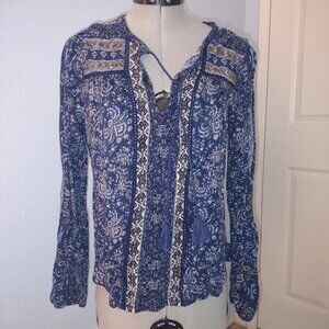 Lucky Brand XS Indigo Blue Knit Blouse with Brass Beading